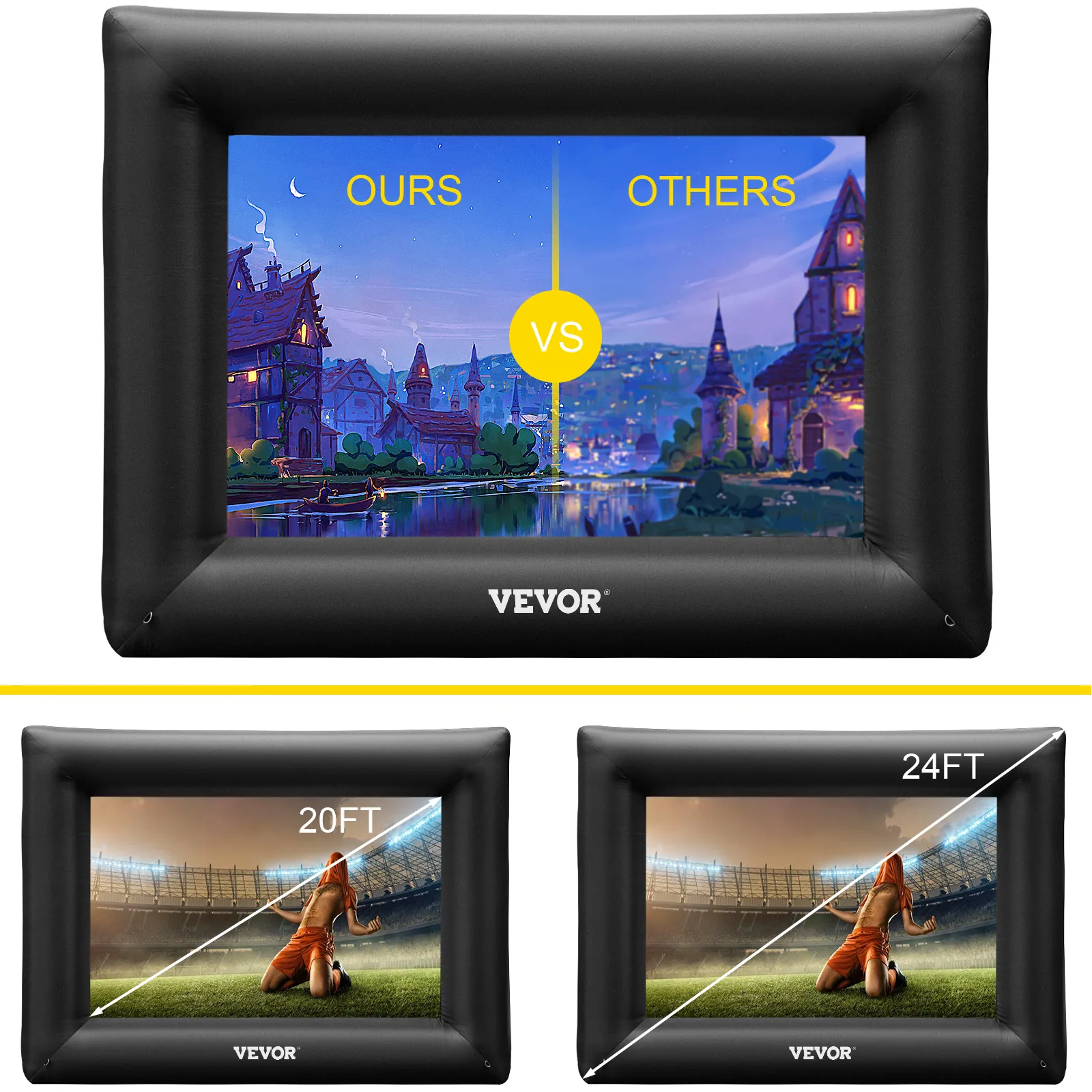 Pantalla de cine inflable VEVOR: comparación de tamaño con opciones de 20 pies y 24 pies, fondo escénico.