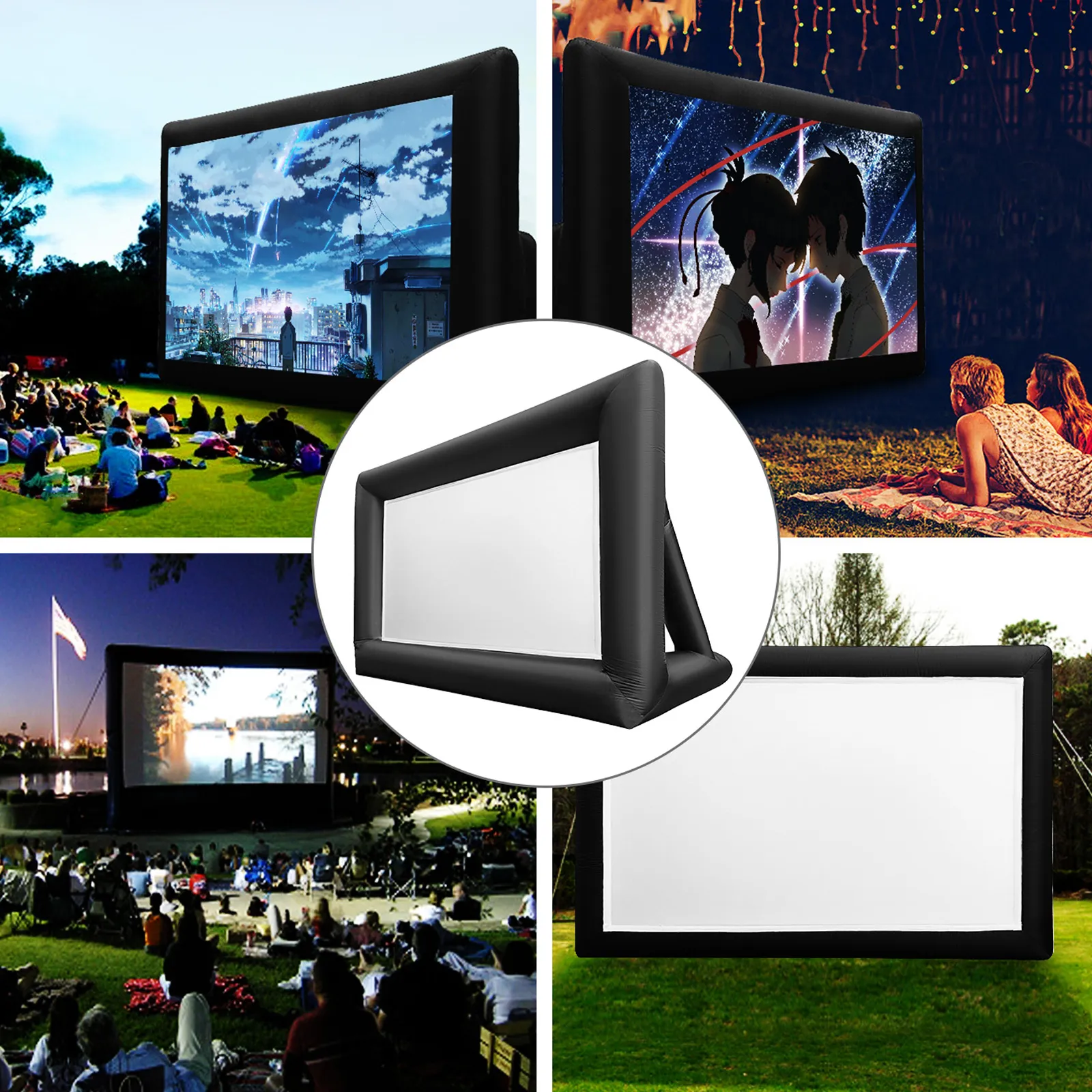 eventos al aire libre con pantalla de cine inflable VEVOR que proyecta películas en un amplio césped.