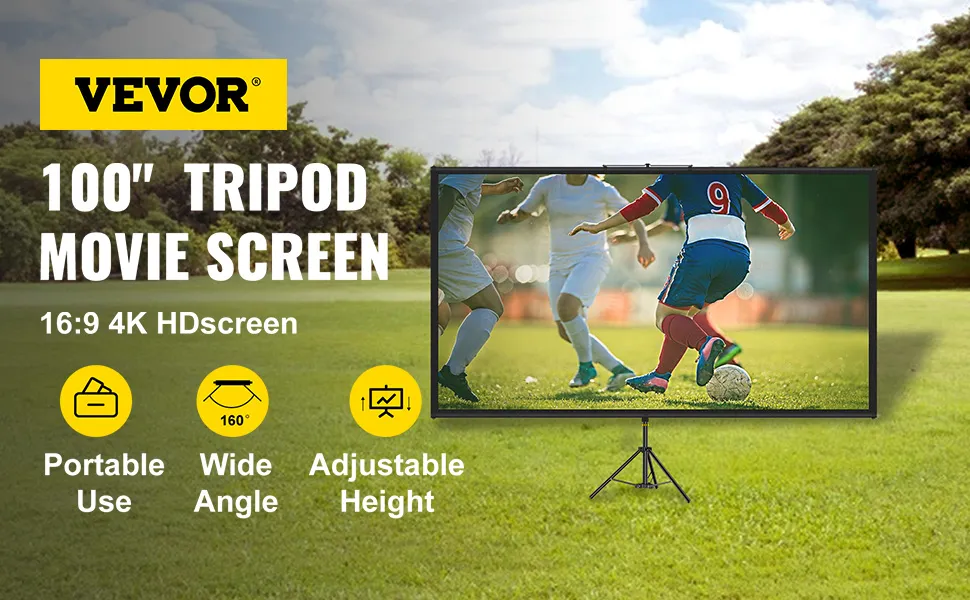 VEVOR-Stativprojektionsleinwand, auf der an einem sonnigen Tag im Freien ein Fußballspiel übertragen wird.