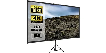 VEVOR-Stativprojektionsbildschirm zur Anzeige von 16:9-HD-, 4K-Ultra-HD- und Full-HD-1080-Inhalten.