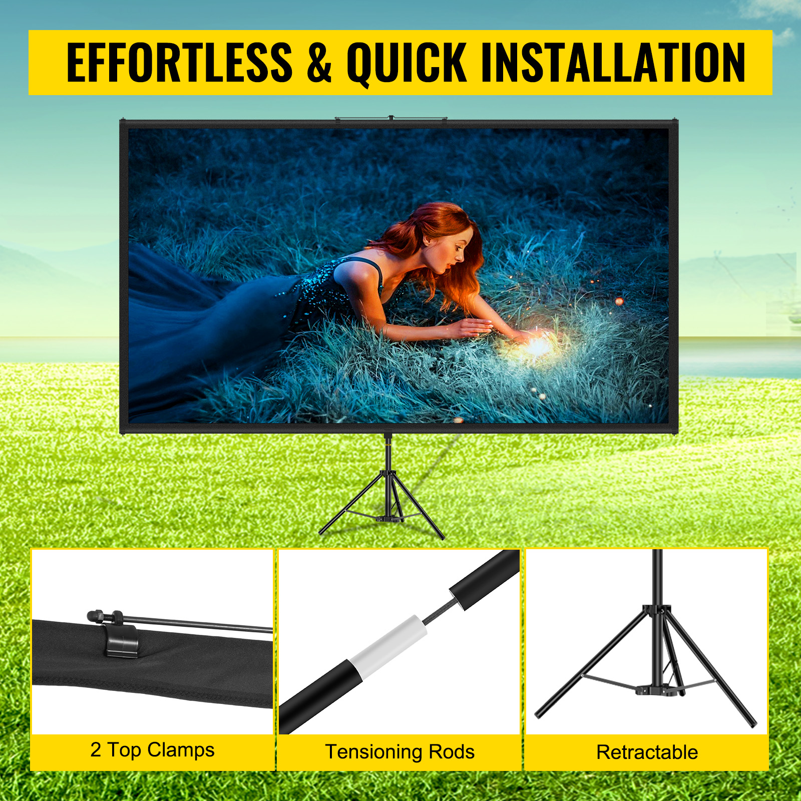 Проста та швидка установка завдяки проекційному екрану VEVOR зі штативом, верхніми затискачами та натяжними штангами.