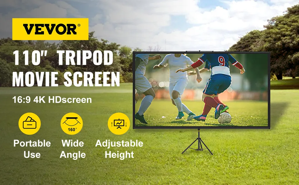 VEVOR tripod projector screen for portable movie viewing, 110", 16:9, 4k hdscreen.
