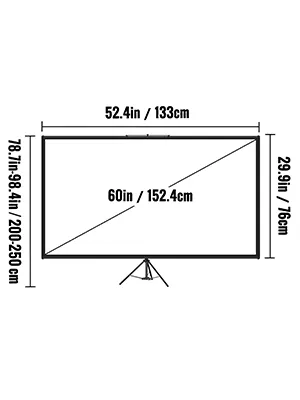 VEVOR tripod projector screen dimensions: 60in diagonal, 52.4in width, 29.9in height.