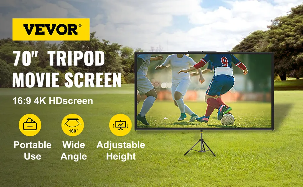 Pantalla de proyector con trípode VEVOR utilizada en exteriores para mostrar un partido de fútbol en un día claro.