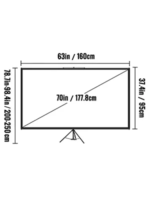 Dimensiones de la pantalla del proyector con trípode VEVOR: 70 pulgadas en diagonal, 63 pulgadas de ancho, 37,4 pulgadas de alto.
