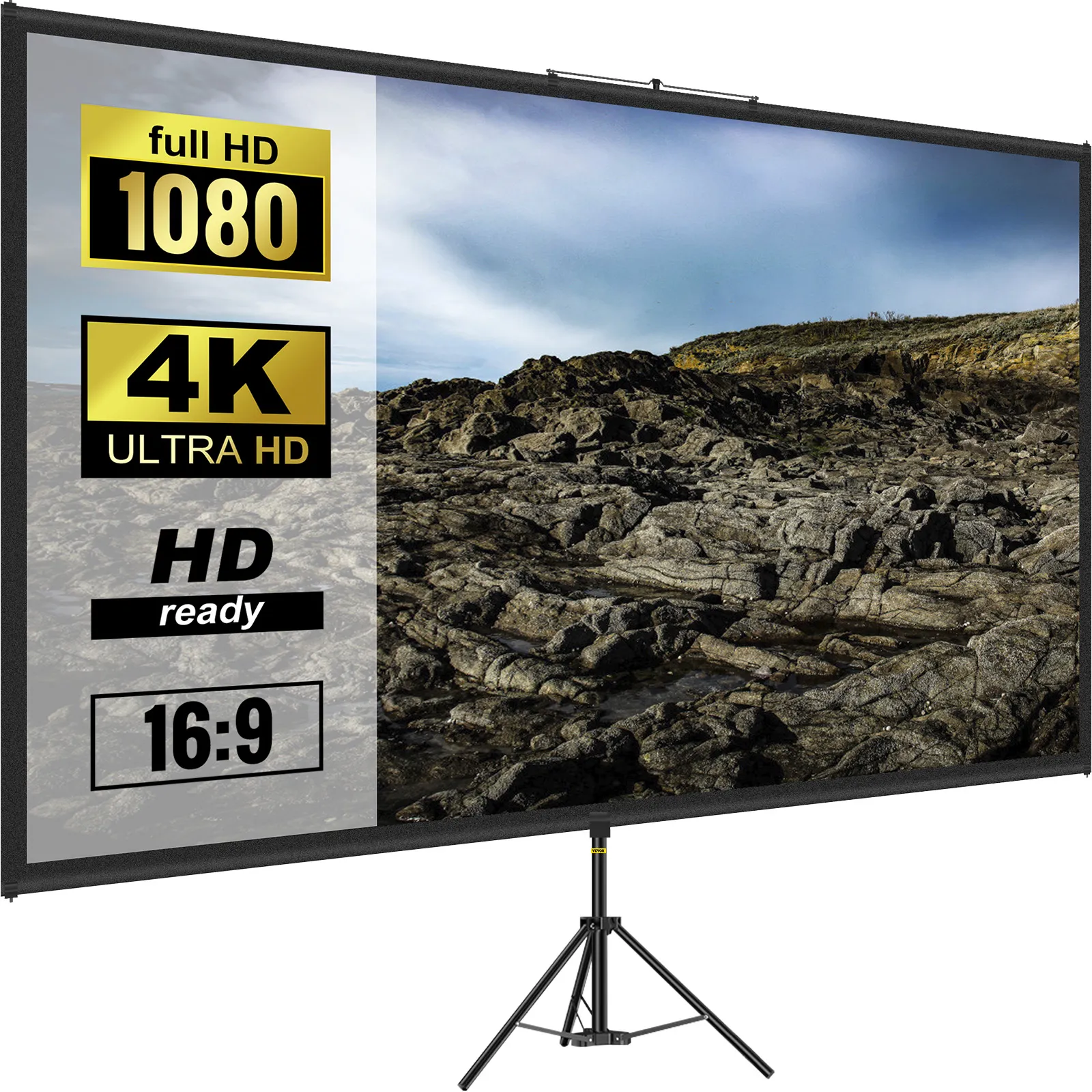 Pantalla de proyector con trípode VEVOR que muestra un paisaje rocoso en calidad Full HD y 4k.