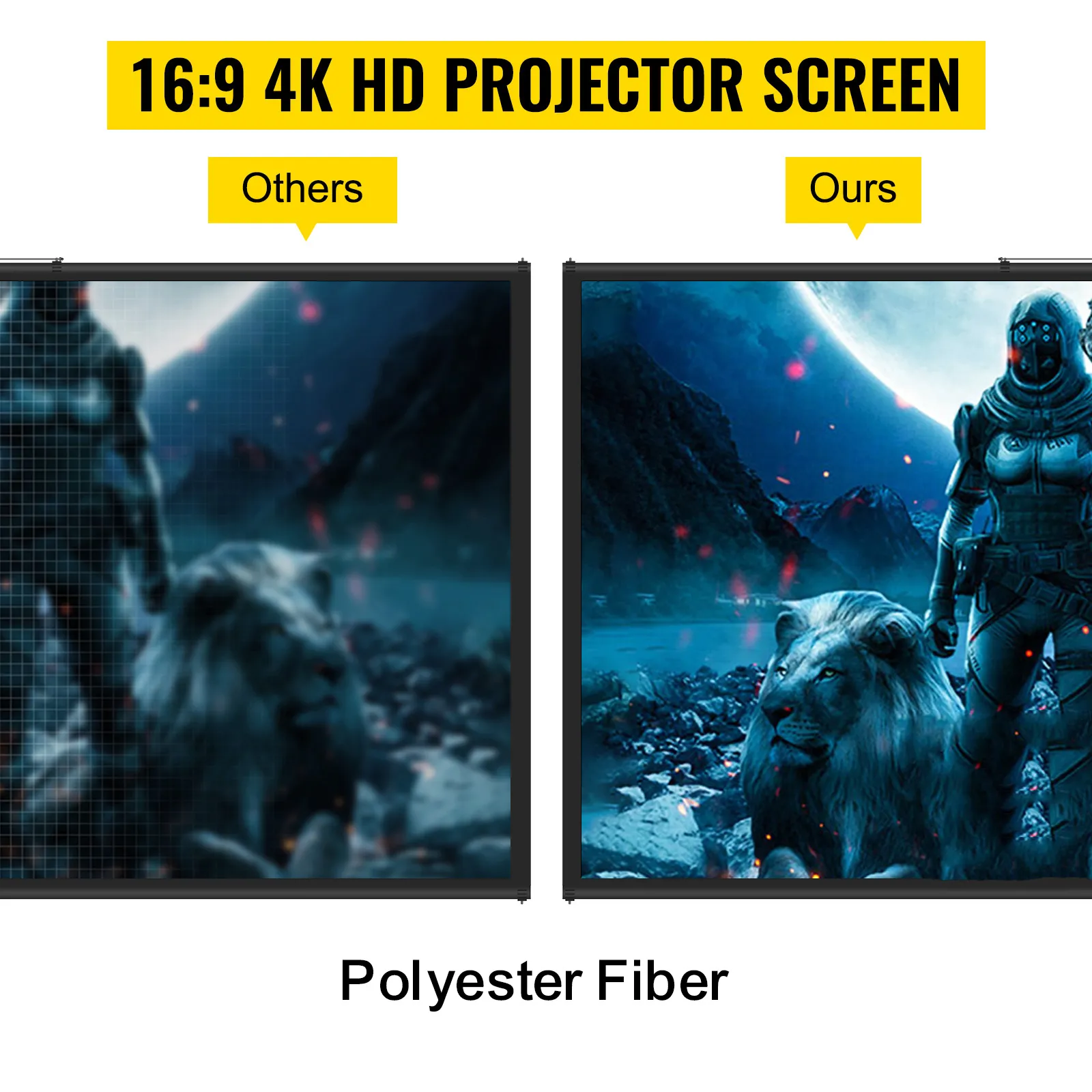 Comparación 4k hd 16:9; izquierda: otros, derecha: pantalla de proyector con trípode VEVOR.