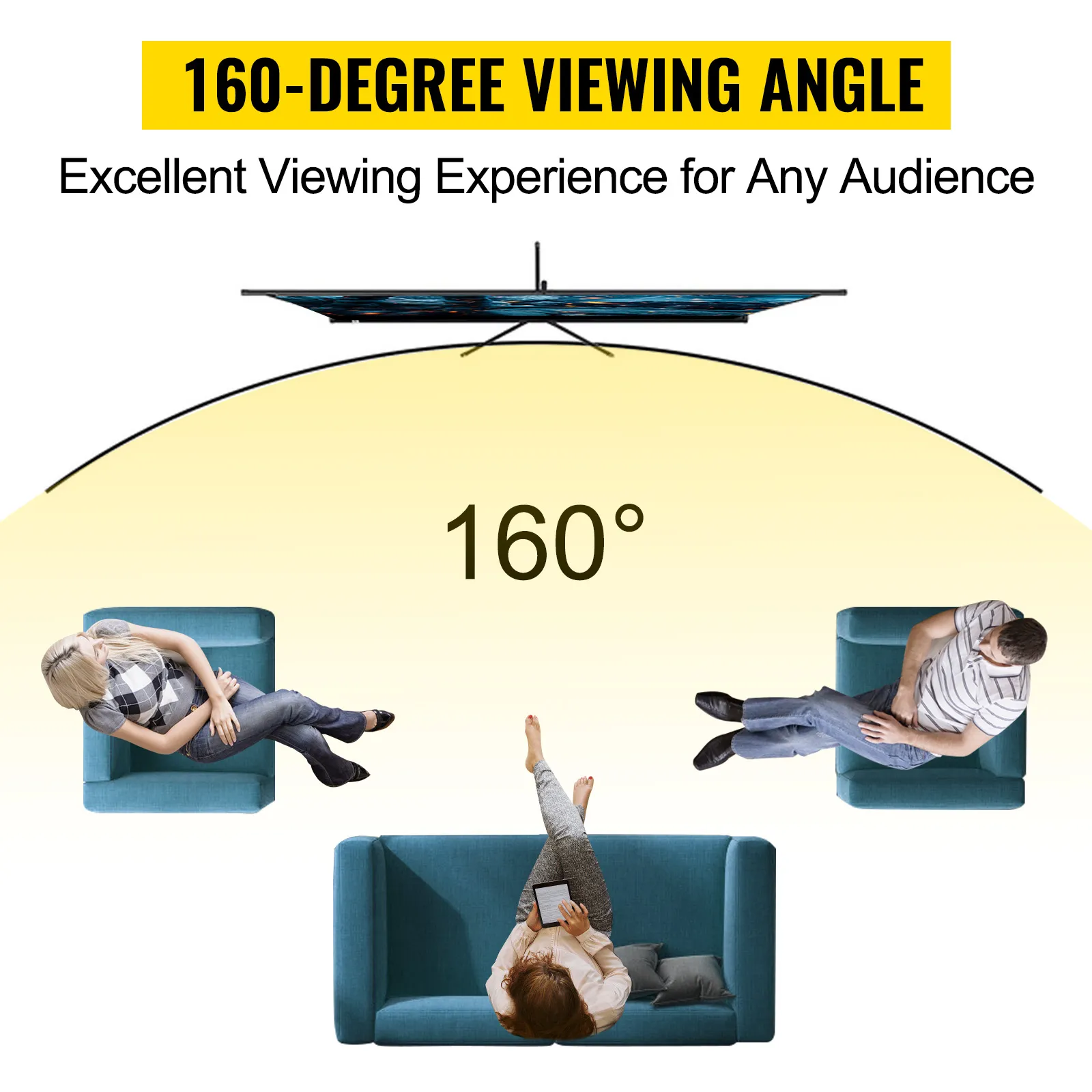 Ángulo de visión de 160 grados en la pantalla del proyector con trípode VEVOR con espectadores sentados alrededor.