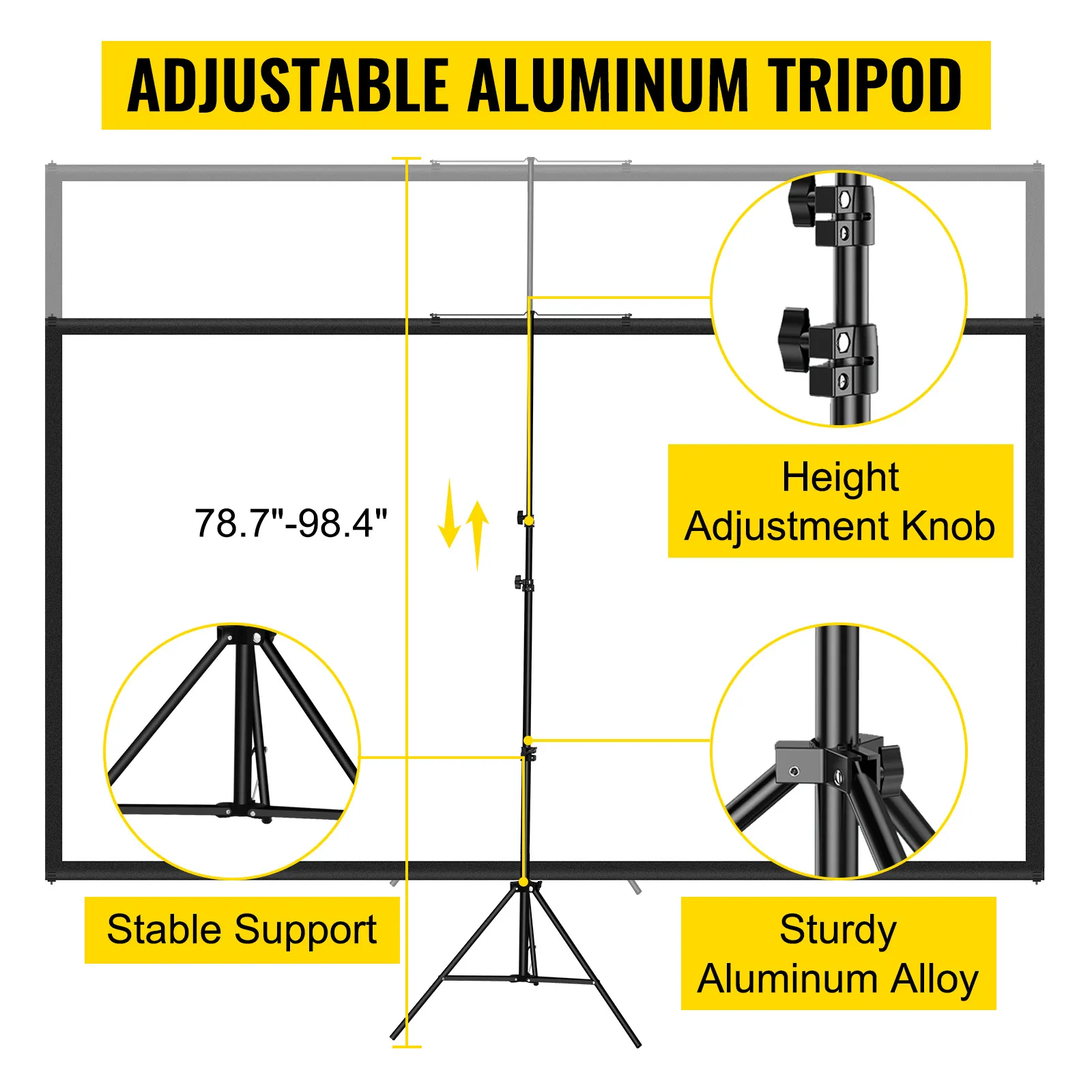 Pantalla de proyector de trípode VEVOR con trípode de aluminio ajustable y perilla de ajuste de altura.