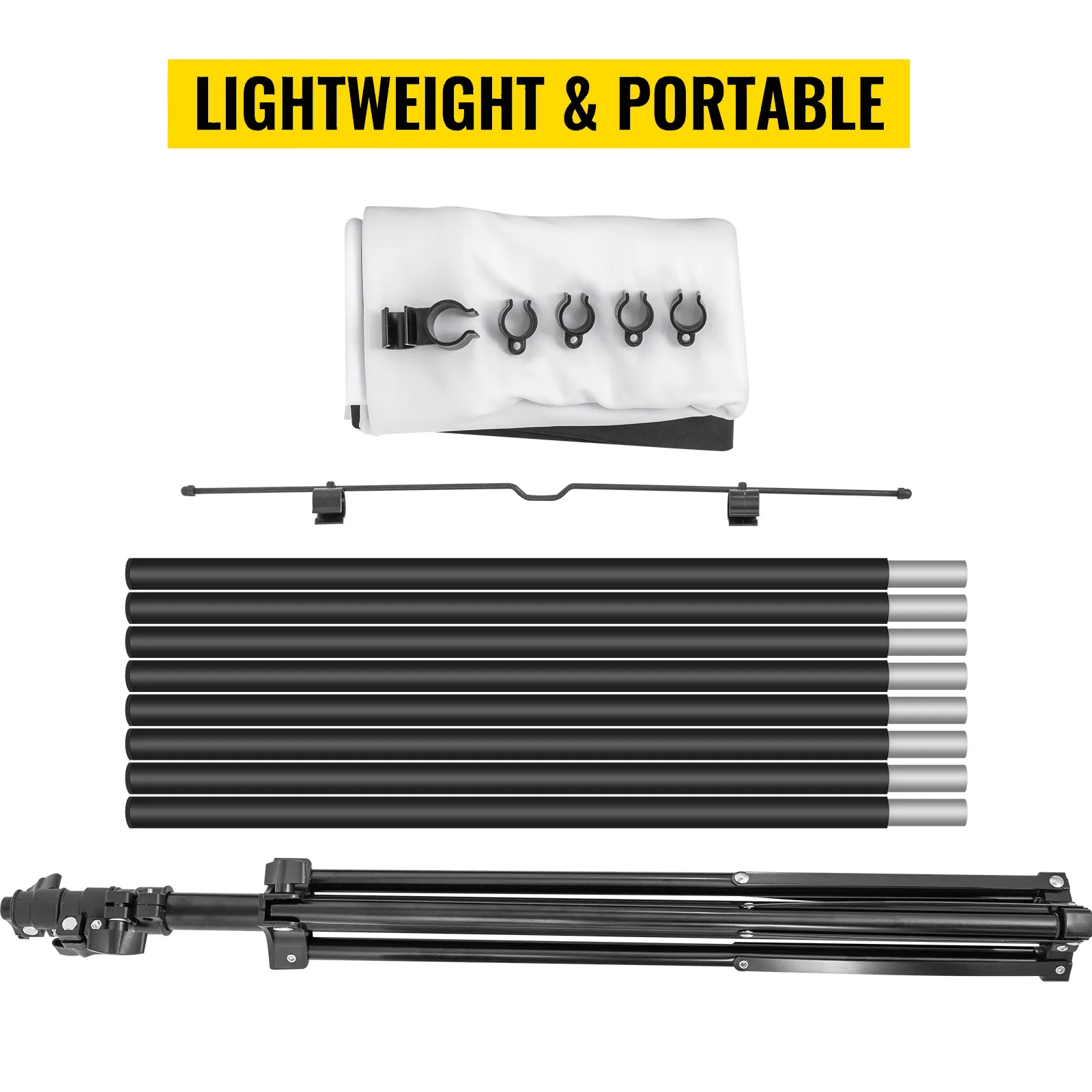 VEVOR tripod projector screen in a black carrying case, labeled as lightweight and portable.