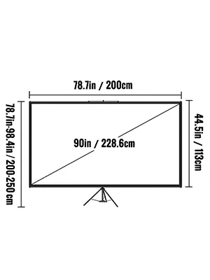 VEVOR projector screen dimensions: 90in diagonal, 78.7in width, 44.5in height.