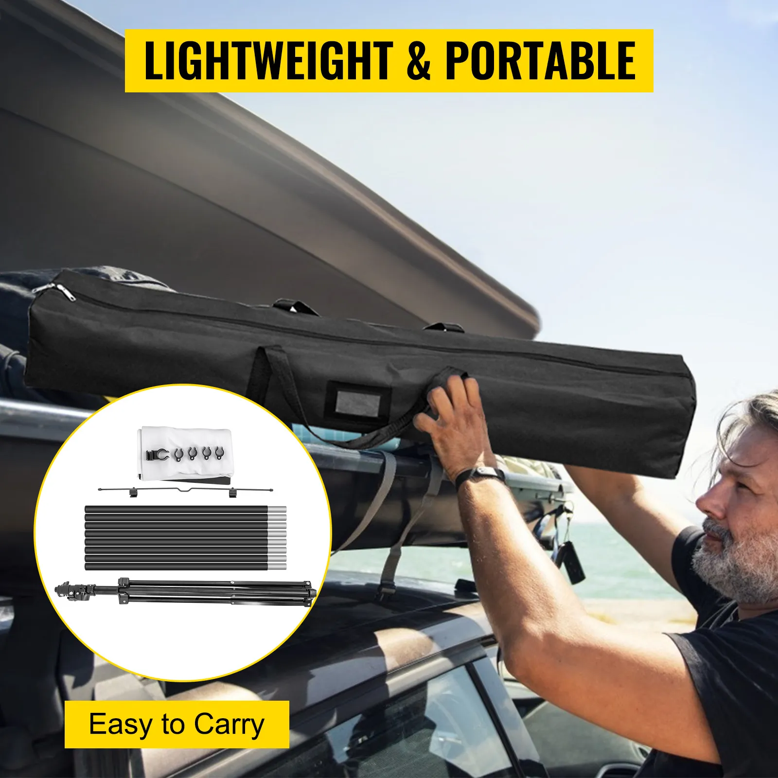 VEVOR projector screen in carry case being loaded onto a car roof with accessories shown.