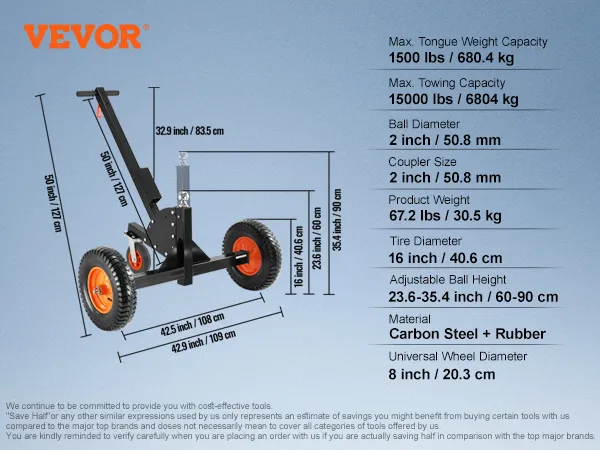 Cuadro de especificaciones del remolque VEVOR con dimensiones, capacidades y detalles del material.