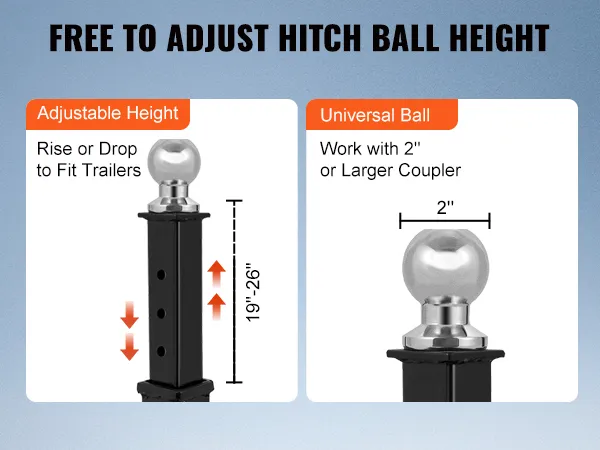 Bola de enganche de altura ajustable para plataforma de remolque VEVOR, se adapta a acopladores de 2" o más grandes, rango de altura de 23,6" a 35,4".