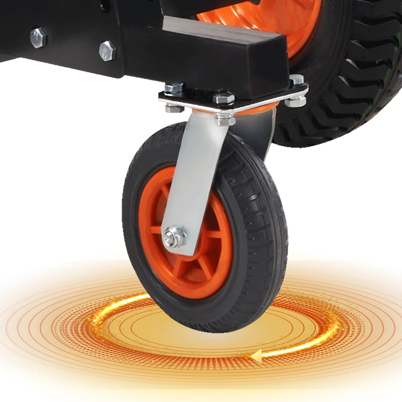 Primer plano de la rueda giratoria del remolque VEVOR sobre un fondo brillante con reflejos de rueda en color naranja.