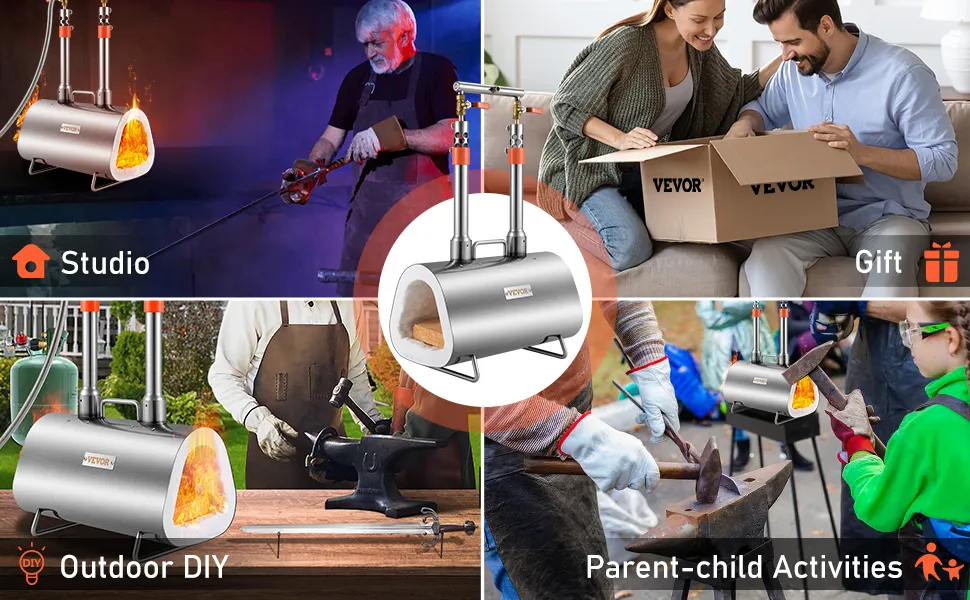 VEVOR propane forge used in various settings: studio work, outdoor diy, gift, and parent-child activities.