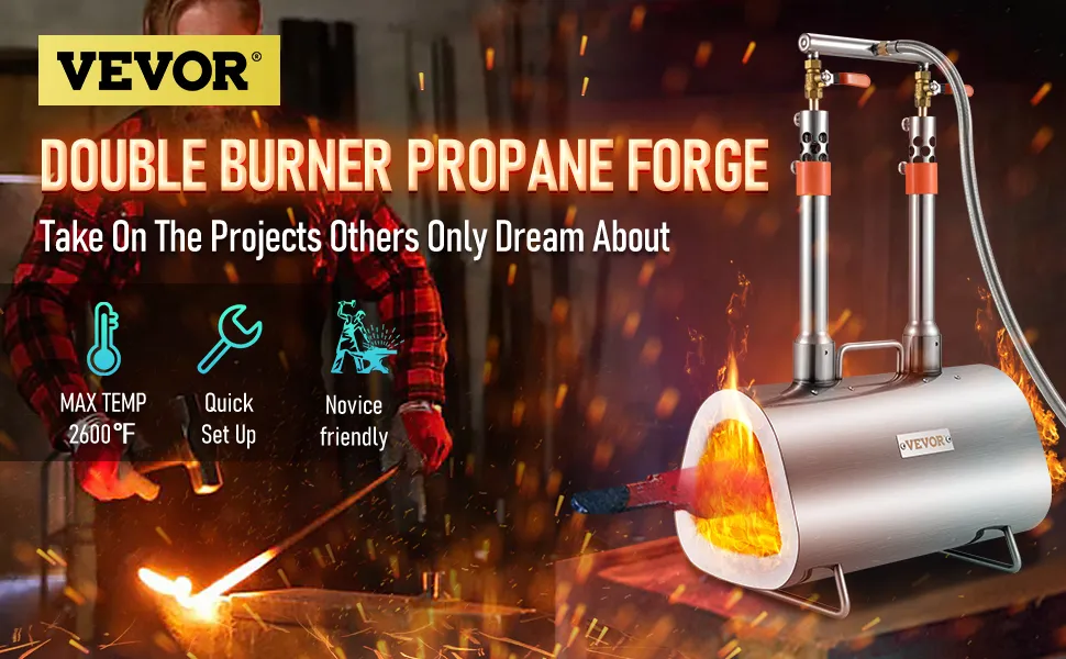 VEVOR propane forge with double burner, quick setup, max temp 2600°f, and novice-friendly features.