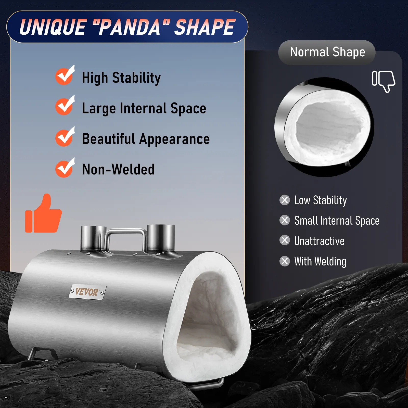 VEVOR propane forge with unique "panda" shape, high stability, large space, and non-welded design.