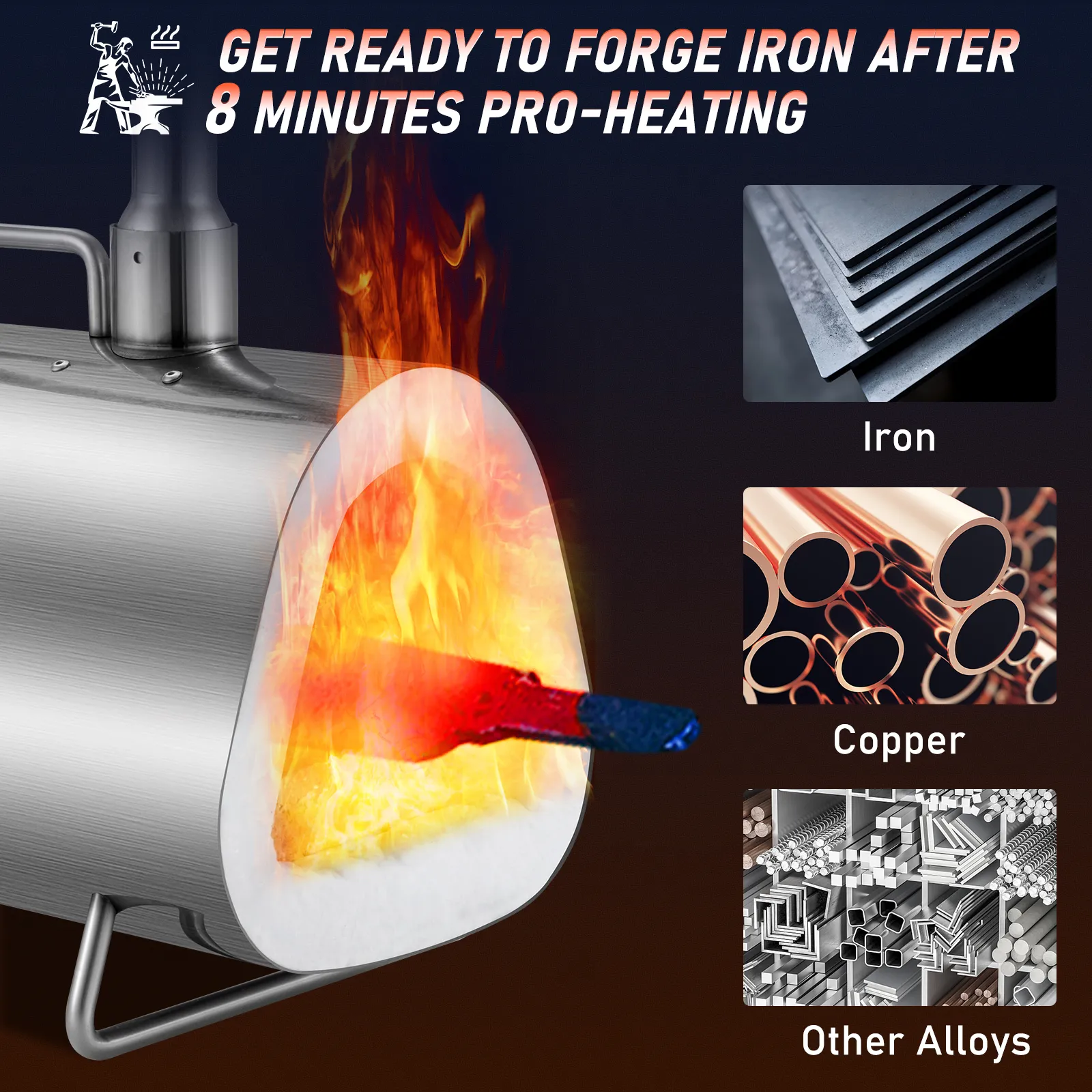 VEVOR propane forge heating metal, ready to forge iron, copper, and other alloys after 8 minutes.