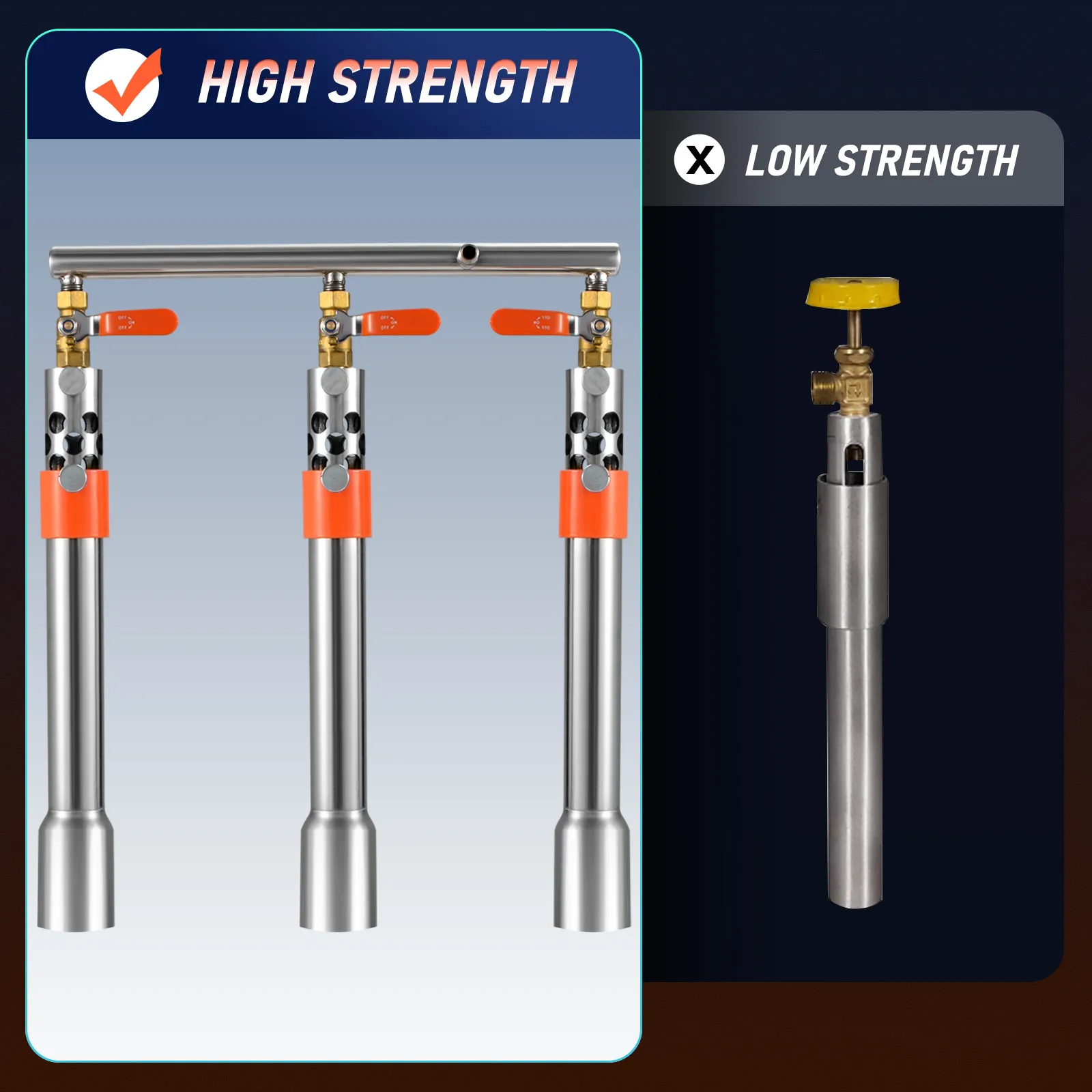 VEVOR propane forge comparison between high strength and low strength gas burners.