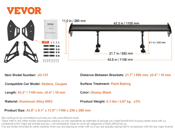 Alerón de coche VEVOR, aleación de aluminio, 43,3" de largo, negro, compatible con sedanes, cupés.