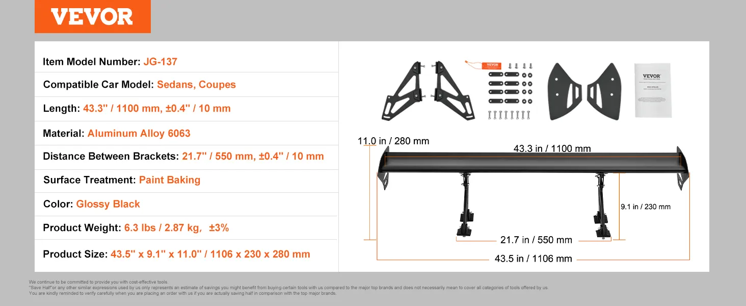 Alerón de coche VEVOR, aleación de aluminio, 43,3" de largo, negro, compatible con sedanes, cupés.