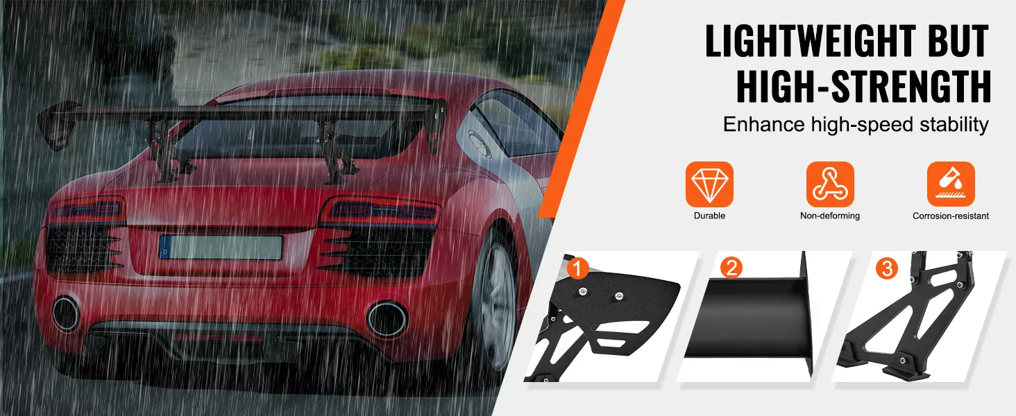 Automóvil deportivo rojo con alerón VEVOR circulando bajo la lluvia y que muestra características de alta resistencia, durabilidad y no deformación.