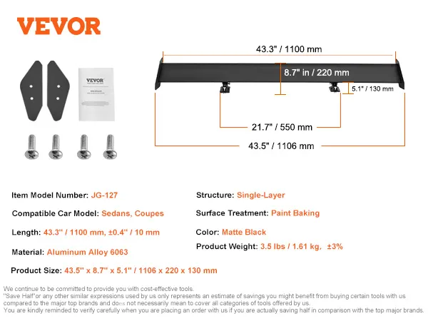 VEVOR car spoiler for sedans, coupes; aluminum alloy, matte black, 43.3" length, includes hardware.
