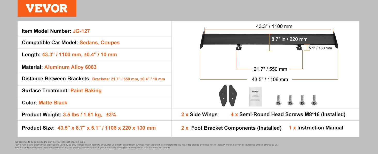 VEVOR car spoiler for sedans, coupes; aluminum alloy, matte black, 43.3" length, includes hardware.