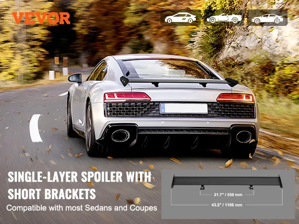 VEVOR car spoiler on a luxury sports coupe, showcasing single-layer design with short brackets.