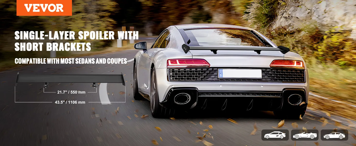 VEVOR car spoiler on a luxury sports coupe, showcasing single-layer design with short brackets.