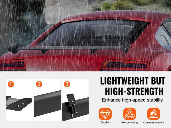 red sports car with a VEVOR car spoiler in the rain, highlighting durability, non-deforming, corrosion resistance.