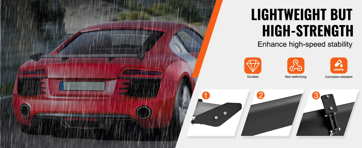 red sports car with a VEVOR car spoiler in the rain, highlighting durability, non-deforming, corrosion resistance.