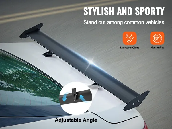VEVOR car spoiler on a white car, featuring a sleek design with adjustable angle for style and performance.