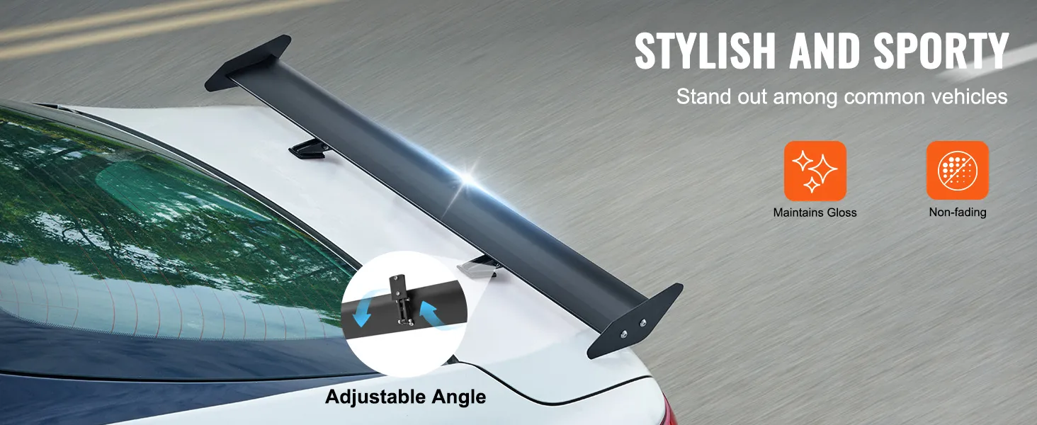 VEVOR car spoiler on a white car, featuring a sleek design with adjustable angle for style and performance.