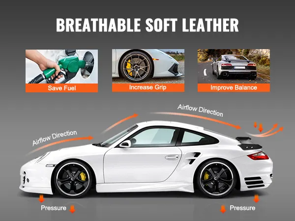 VEVOR car spoiler on sports car, showing airflow, and benefits: save fuel, increase grip, improve balance.