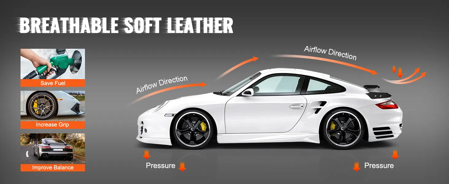 VEVOR car spoiler on sports car, showing airflow, and benefits: save fuel, increase grip, improve balance.