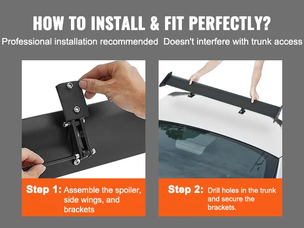 how to install VEVOR car spoiler: assemble spoiler with brackets and drill holes in the trunk for securing.
