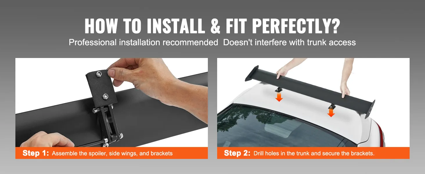 how to install VEVOR car spoiler: assemble spoiler with brackets and drill holes in the trunk for securing.