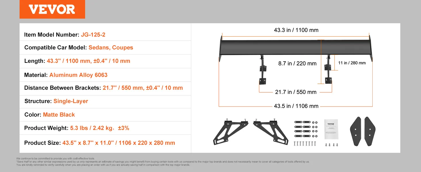 Alerón de coche VEVOR, negro mate, aleación de aluminio, compatible con sedanes y cupés, 43,3" de largo.