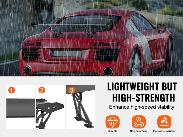 Automóvil deportivo rojo con alerón VEVOR bajo la lluvia, que muestra los beneficios del material de aleación de aluminio: duradero, no deformable, resistente a la corrosión.