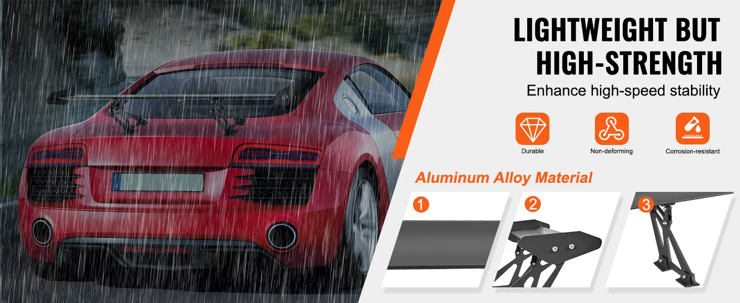 Automóvil deportivo rojo con alerón VEVOR bajo la lluvia, que muestra los beneficios del material de aleación de aluminio: duradero, no deformable, resistente a la corrosión.