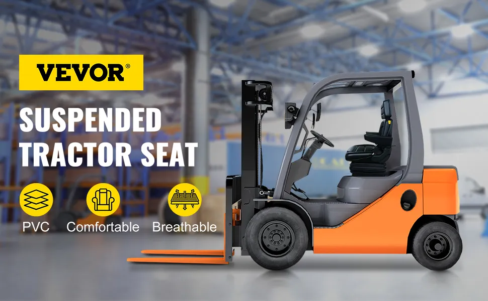 VEVOR forklift seat advertisement with pvc, comfortable, and breathable features.