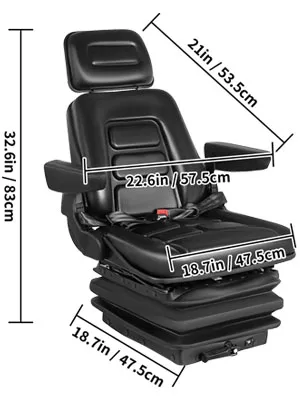 VEVOR forklift seat with detailed dimensions, including armrests and headrest.