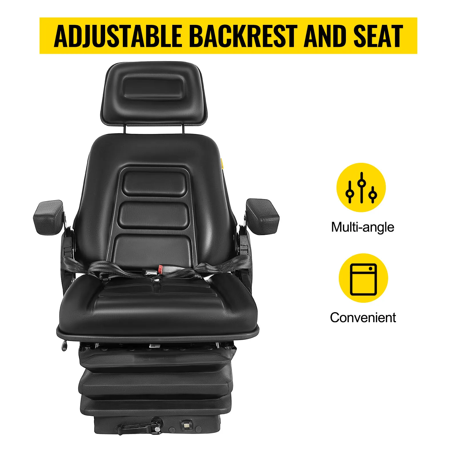 VEVOR forklift seat with adjustable backrest, headrest, and armrests for multi-angle comfort.