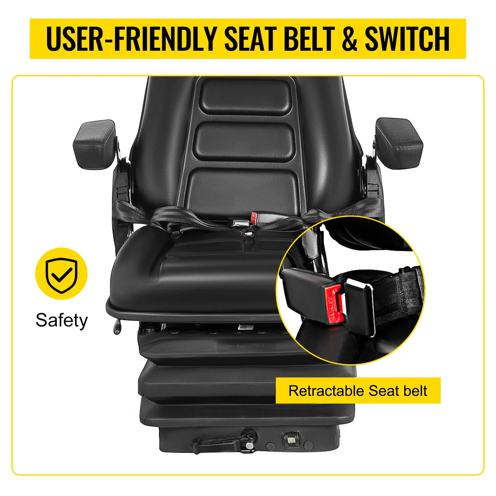 VEVOR forklift seat with user-friendly seat belt and switch for enhanced safety.