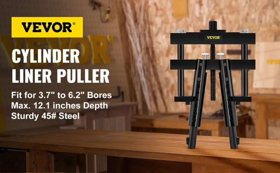VEVOR cylinder liner puller in a workshop setting, fit for 3.7"-6.2" bores, 45# steel.