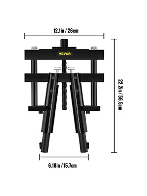 VEVOR cylinder liner puller with dimensions: 12in x 22.2in x 6.18in, black frame.