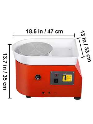 Torno de cerámica VEVOR rojo con dimensiones etiquetadas: 18,5 pulgadas de ancho, 13,7 pulgadas de alto, 13 pulgadas de profundidad.
