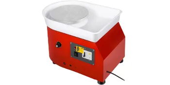 Torno de cerámica VEVOR rojo con bandeja para salpicaduras blanca y perilla de control.